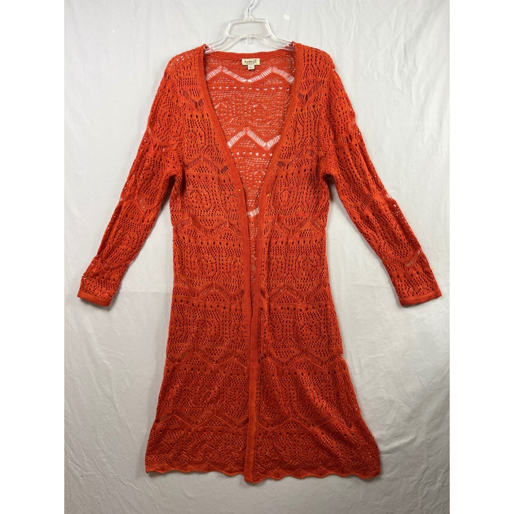 One World Duster Cardigan Womens L Orange Crochet Knit Open Front Long Sleeve